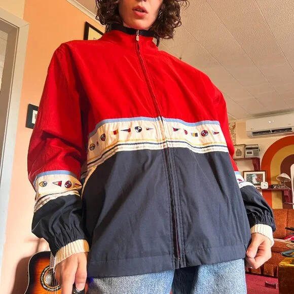 1990s retro color blocked embroidered drop sleeve windbreaker with boat flags - - Picture 1 of 13